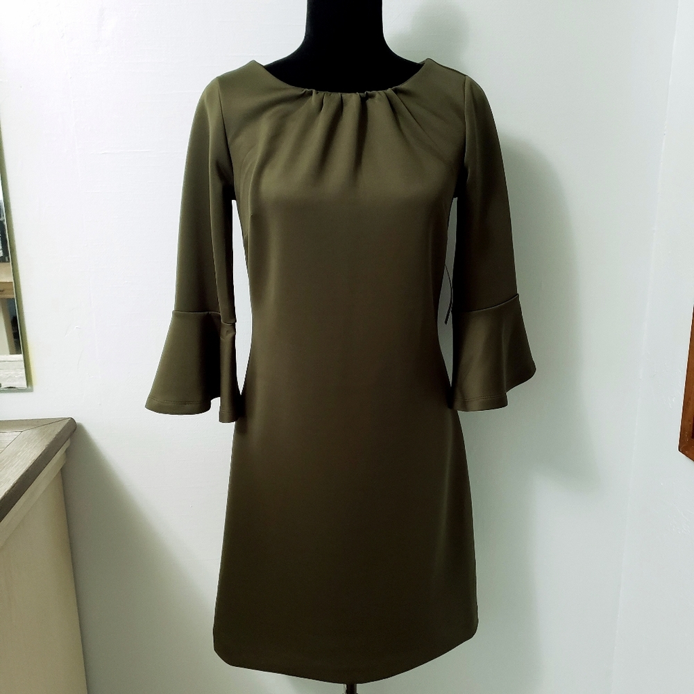 NYCO Small olive green midi dress bell sleeve stretch Fall holiday party